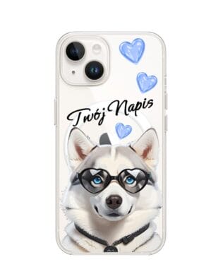 Etui do iPhone 13 Mini z MagSafe przeźroczyste, silikonowe Flexi, Puppy Love, pies rasy Husky