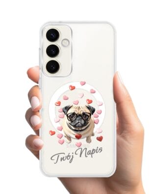 Etui do Samsung Galaxy S23 z MagSafe przeźroczyste, silikonowe Flexi, Puppy Love, pies rasy Mops