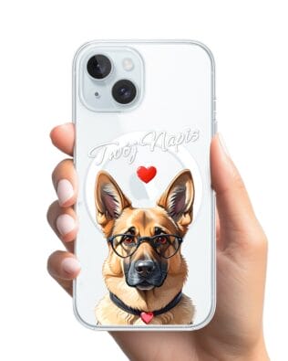 Etui do iPhone 15 z MagSafe przeźroczyste, silikonowe Flexi, Puppy Love, pies rasy Owczarek Niemiecki