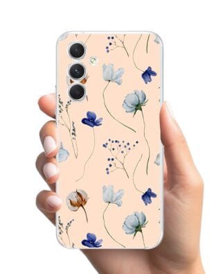 Etui do Samsung Galaxy A54 5G przeźroczyste, silikonowe Flexi, kwiatki niebieskie na pudrowym tle