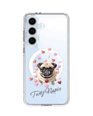 Etui do Samsung Galaxy S24 FE z MagSafe przeźroczyste, silikonowe Flexi, Puppy Love, pies rasy Mops