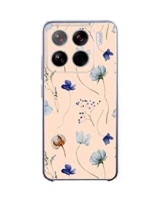 Etui do Xiaomi 15 przeźroczyste, silikonowe Flexi, kwiatki niebieskie na pudrowym tle