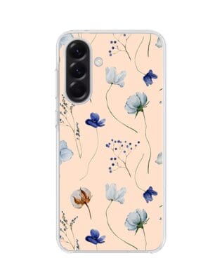 Etui do Samsung Galaxy A56 5G z MagSafe przeźroczyste, silikonowe Flexi, kwiatki niebieskie na pudrowym tle