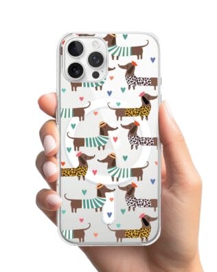Etui do iPhone 12 Pro z MagSafe przeźroczyste, silikonowe Flexi, zakochane jamniki