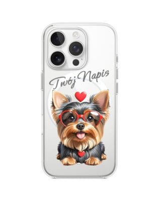 Etui do iPhone 15 Pro z MagSafe przeźroczyste, silikonowe Flexi, Puppy Love, pies rasy York