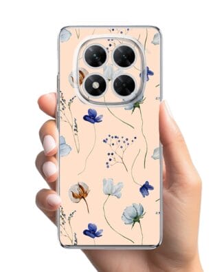 Etui do Xiaomi POCO X7 przeźroczyste, silikonowe Flexi, kwiatki niebieskie na pudrowym tle