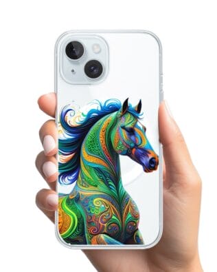 Etui do iPhone 15 Plus z MagSafe przeźroczyste, silikonowe Flexi, Dzika Mandala, Koń