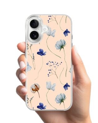 Etui do iPhone 16 z MagSafe przeźroczyste, silikonowe Flexi, kwiatki niebieskie na pudrowym tle