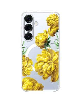 Etui do Samsung Galaxy S25 z MagSafe przeźroczyste, silikonowe Flexi, żółte piwonie