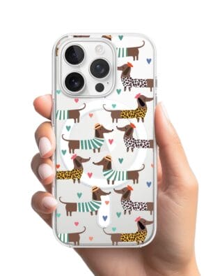 Etui do iPhone 16 Pro Max z MagSafe przeźroczyste, silikonowe Flexi, zakochane jamniki