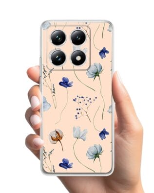 Etui do Xiaomi 14T przeźroczyste, silikonowe Flexi, kwiatki niebieskie na pudrowym tle