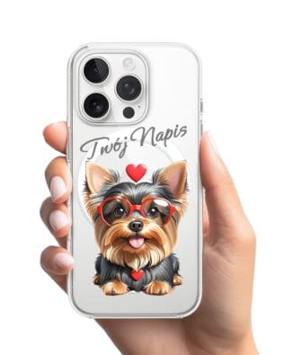 Etui do iPhone 16 Pro Max z MagSafe przeźroczyste, silikonowe Flexi, Puppy Love, pies rasy York
