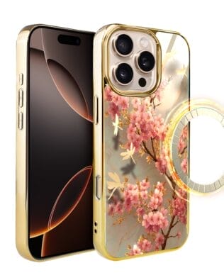 Etui do iPhone 16 Pro Max IBIZU Elite Glass z MagSafe Magia Azji, Taniec sakury, złote