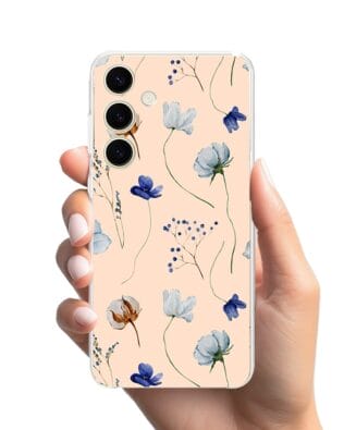 Etui do Samsung Galaxy S24 Plus przeźroczyste, silikonowe Flexi, kwiatki niebieskie na pudrowym tle