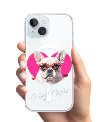 Etui do iPhone 15 z MagSafe przeźroczyste, silikonowe Flexi, Puppy Love, pies rasy Buldog Francuski