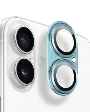 Metalowa osłona na cały aparat z wbudowanymi szkłami do iPhone 16, niebieska