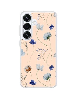 Etui do Samsung Galaxy S25 Plus z MagSafe przeźroczyste, silikonowe Flexi, kwiatki niebieskie na pudrowym tle