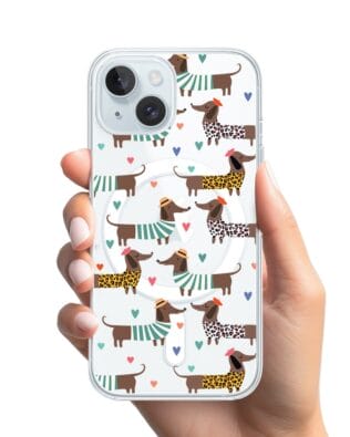 Etui do iPhone 15 Plus z MagSafe przeźroczyste, silikonowe Flexi, zakochane jamniki