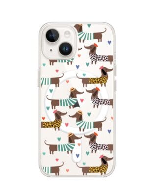 Etui do iPhone 13 Mini z MagSafe przeźroczyste, silikonowe Flexi, zakochane jamniki