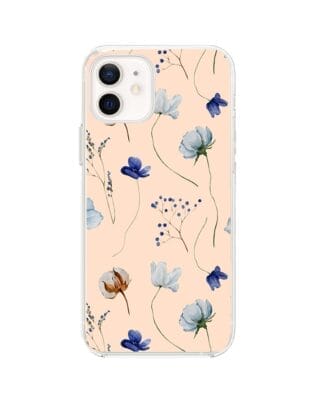 Etui do iPhone 12 z MagSafe przeźroczyste, silikonowe Flexi, kwiatki niebieskie na pudrowym tle
