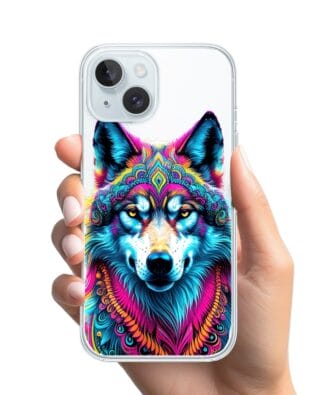 Etui do iPhone 15 z MagSafe przeźroczyste, silikonowe Flexi, Dzika Mandala, Wilk