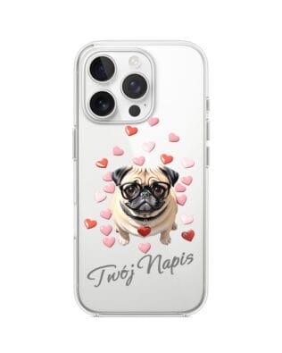 Etui do iPhone 16 Pro Max przeźroczyste, silikonowe Flexi, Puppy Love, pies rasy Mops