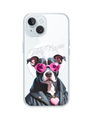 Etui do iPhone 15 Plus z MagSafe przeźroczyste, silikonowe Flexi, Puppy Love, pies rasy Amstaff