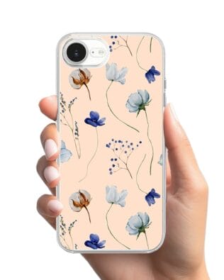 Etui do iPhone 16e z MagSafe przeźroczyste, silikonowe Flexi, kwiatki niebieskie na pudrowym tle