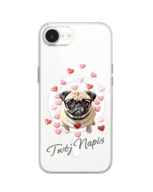 Etui do iPhone 16e z MagSafe przeźroczyste, silikonowe Flexi, Puppy Love, pies rasy Mops