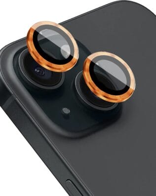 Metalowa osłona obiektywu aparatu ze szkła hartowanego 9H do iPhone 15 Plus, 1 zestaw, pomarańczowa