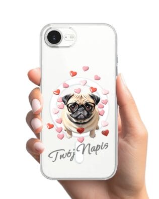 Etui do iPhone 16e z MagSafe przeźroczyste, silikonowe Flexi, Puppy Love, pies rasy Mops
