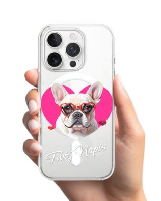 Etui do iPhone 16 Pro Max z MagSafe przeźroczyste, silikonowe Flexi, Puppy Love, pies rasy Buldog Francuski