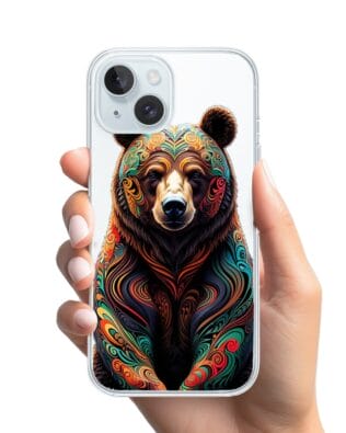 Etui do iPhone 15 Plus przeźroczyste, silikonowe Flexi, Dzika Mandala, Niedźwiedź