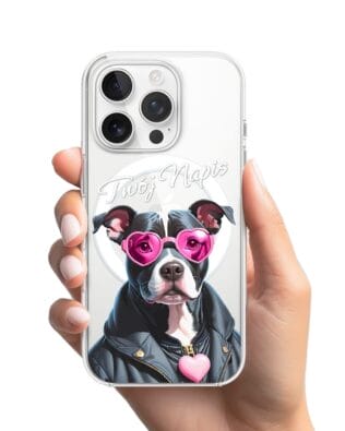 Etui do iPhone 15 Pro z MagSafe przeźroczyste, silikonowe Flexi, Puppy Love, pies rasy Amstaff