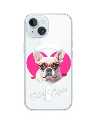 Etui do iPhone 15 Plus z MagSafe przeźroczyste, silikonowe Flexi, Puppy Love, pies rasy Buldog Francuski