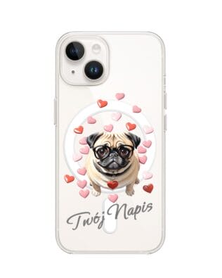Etui do iPhone 14 z MagSafe przeźroczyste, silikonowe Flexi, Puppy Love, pies rasy Mops