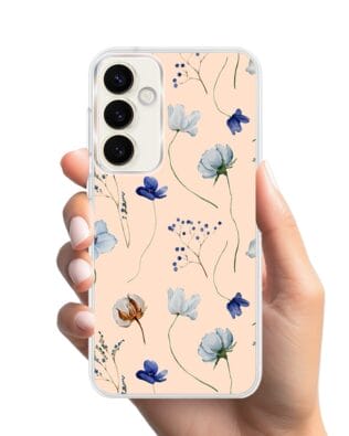 Etui do Samsung Galaxy S23 FE 5G z MagSafe przeźroczyste, silikonowe Flexi, kwiatki niebieskie na pudrowym tle