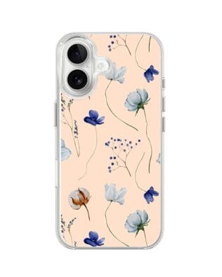 Etui do iPhone 16 Plus z MagSafe przeźroczyste, silikonowe Flexi, kwiatki niebieskie na pudrowym tle