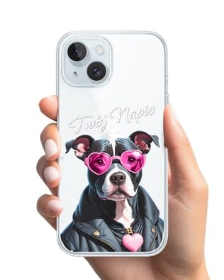 Etui do iPhone 15 Plus przeźroczyste, silikonowe Flexi, Puppy Love, pies rasy Amstaff