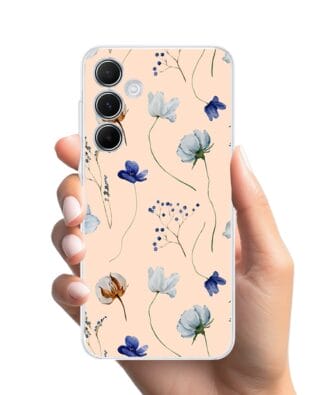 Etui do Samsung Galaxy A55 5G przeźroczyste, silikonowe Flexi, kwiatki niebieskie na pudrowym tle