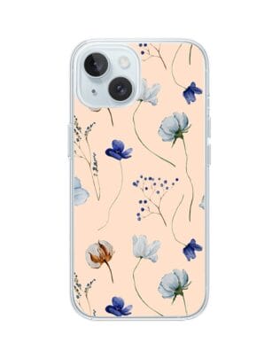 Etui do iPhone 15 z MagSafe przeźroczyste, silikonowe Flexi, kwiatki niebieskie na pudrowym tle