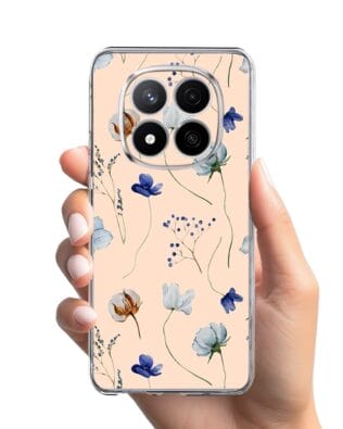Etui do Xiaomi Redmi Note 14 Pro Plus 5G przeźroczyste, silikonowe Flexi, kwiatki niebieskie na pudrowym tle