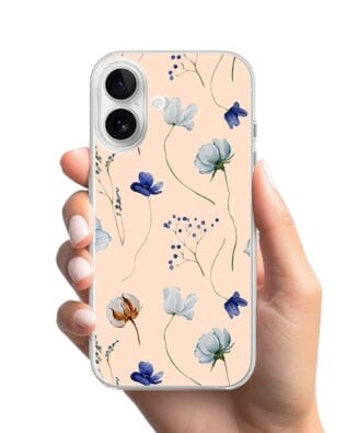 Etui do iPhone 16 przeźroczyste, silikonowe Flexi, kwiatki niebieskie na pudrowym tle