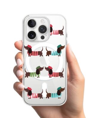 Etui do iPhone 16 Pro Max z MagSafe przeźroczyste, silikonowe Flexi, jamnik w Paryżu