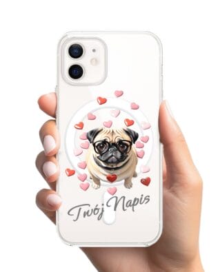 Etui do iPhone 12 Mini z MagSafe przeźroczyste, silikonowe Flexi, Puppy Love, pies rasy Mops