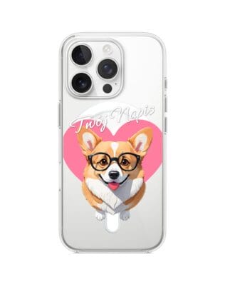 Etui do iPhone 16 Pro Max z MagSafe przeźroczyste, silikonowe Flexi, Puppy Love, pies rasy Corgi