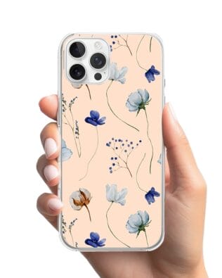 Etui do iPhone 12 Pro z MagSafe przeźroczyste, silikonowe Flexi, kwiatki niebieskie na pudrowym tle