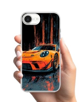 Etui do iPhone 16e przeźroczyste, silikonowe Flexi, Szybkie Auta, Pomarańczowa 911