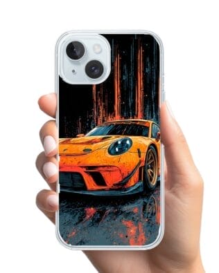Etui do iPhone 15 z MagSafe przeźroczyste, silikonowe Flexi, Szybkie Auta, Pomarańczowa 911