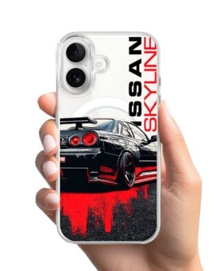 Etui do iPhone 16 z MagSafe przeźroczyste, silikonowe Flexi, Szybkie Auta, czarny Skyline